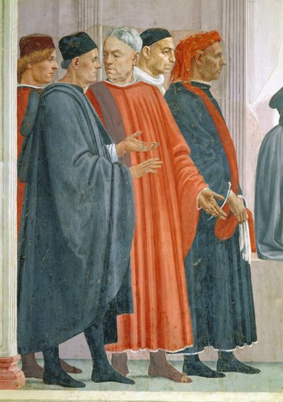 A criação do filho de Teófilo, rei de Antioquia, detalhe dos dignatários na corte do rei de Antioquia, c.1480 afrescos também ver 63302 de Tommaso Masaccio