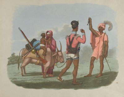 Um sipaio de Bengala e sua família conhecendo uma das castas dos Byraggee, 1799 por volta de de T. Medland