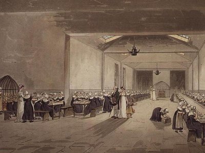 Dining Hall, Asylum, do "Microcosmo de Londres" de Ackermann de T. and Pugin A.C. Rowlandson