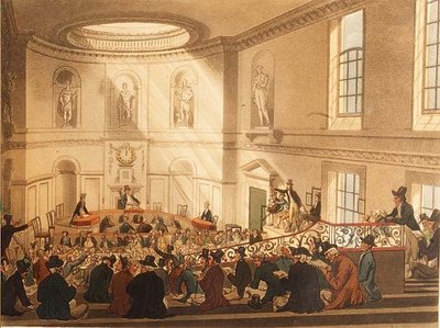 India House, a sala de vendas, pub. por Ackermann de T. and Pugin A.C. Rowlandson