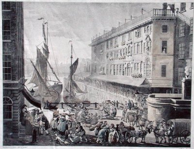 Billingsgate Market, gravado por J. Bluck (fl.1791-1819) (aquatint) de T. and Pugin A.C. (after) Rowlandson