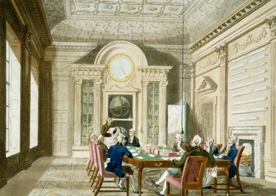 A sala de administração do Almirante britânico. Gravura a cores publicada em 1 de janeiro de T. & Pugin A.C. (1762 1832) (after) Rowlandson