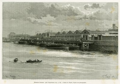 Cervejaria Guinness, doca de exportação. Gravura de Taylor, para ilustrar a história Trois mois en Irlande, em 1889, de Marie Anne de Bovet, no tour du monde 1890, dirigido por Edouard Charton (1807-1890), Hachette, Paris. de T Taylor