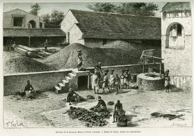 Dentro da factorerie Maurel e Prom, em Boulam, cola e processa amendoins, amêndoa de palma e borracha. Gravado por Taylor, após uma fotografia, para ilustrar a história Voyage dans la Senegambie et la Guinee portuguese, em 1888, pelo Capitão A.Brosselard, de T Taylor