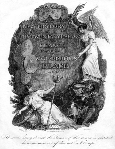 Britannia tendo acorrentado o demônio da guerra, 1816. de T. Wallis