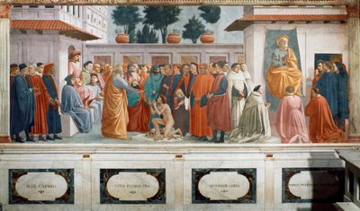 A Ressurreição do Filho de Teófilo, o Rei de Antioquia, e São Pedro Entronizado como Primeiro Bispo de Antioquia, c.1427 e c.1480 (fresco) de T. Masaccio, F. Lippi
