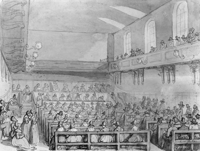 Reunião de Quakers em um Meeting House de Londres de T. and Pugin A.C. Rowlandson