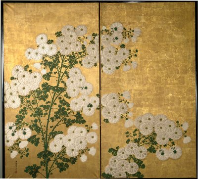 Painéis de tela decorados com flores. c. 1840 (Pintura de folhas de ouro e laca) de Tabukun Hokio