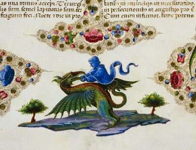 Friso de fronteira ao pé da página com figura de gênio e monstro alado, Volume II f 198, v, Bíblia de Borso d