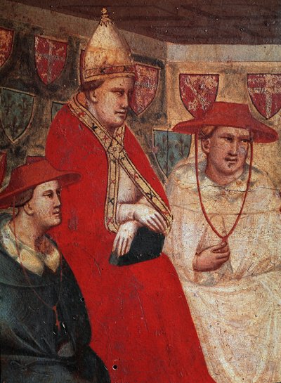 História de São Francisco de Assis: representação do Papa Inocêncio III (Innocentius) (1160-1216), confirmando a regra franciscana em 1210. Detalhe. Fresco por Taddeo Gaddi (1295/1300-1366), Florença, Galleria dell