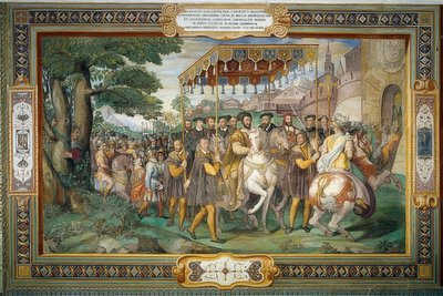O rei Francisco I recebe Carlos V e o cardeal Alessandro Farnese em Paris em 1540. 1559 de Taddeo Zuccari