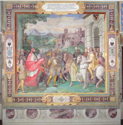 Charles V (1500-58) com Alessandro Farnese (1546-92) em Worms, da &39;Sala dei Fasti Farnese&39; (Salão dos Esplendores dos Farnese) 1557-66 (ver também 156715) de Taddeo Zuccari