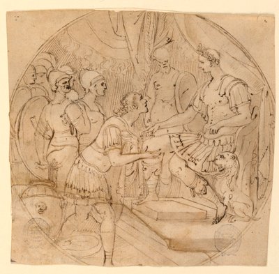 Design para um prato ou um tondo: soldados suplicantes diante de um general romano de Taddeo Zuccaro