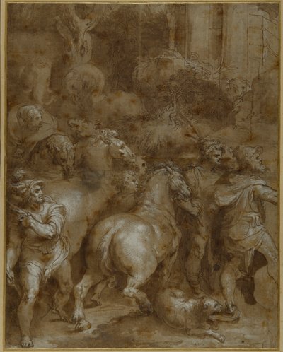 Cavalos e homens, virados para a direita (caneta e tinta castanha com lavagem e cor do corpo branca sobre papel) de Taddeo Zuccaro