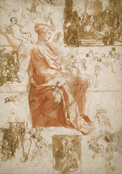 Folha de estudos para a cegueira de elimas, sacrifício em Listra e uma família sagrada, c.1558 de Taddeo Zuccaro