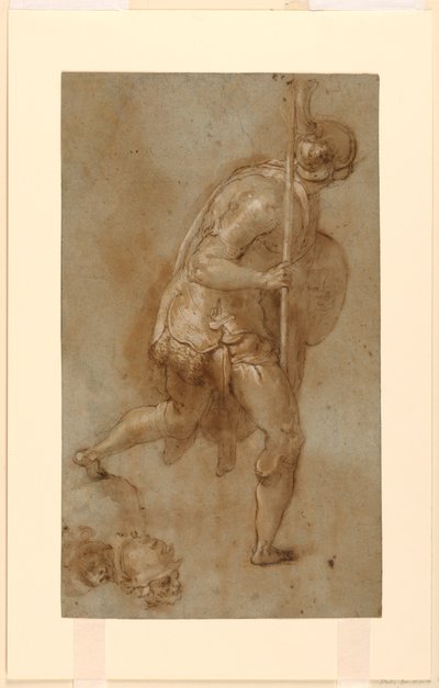 Soldado Correndo: Estudo para Figura em Primeiro Plano Esquerdo, "Traição de Cristo", Roma, S. Maria della Consolazione, Capela Matttei; Estudos separados de duas cabeças de Taddeo Zuccaro