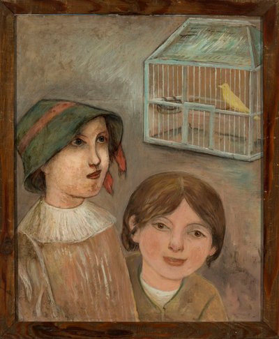 Duas meninas sob uma gaiola com um canário de Tadeusz Makowski