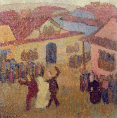 Casamento judaico na cidade (óleo sobre tela a bordo) de Tadeusz Makowski