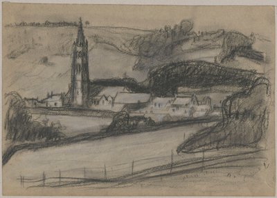 Vista de uma pequena cidade com torre de igreja de Tadeusz Makowski