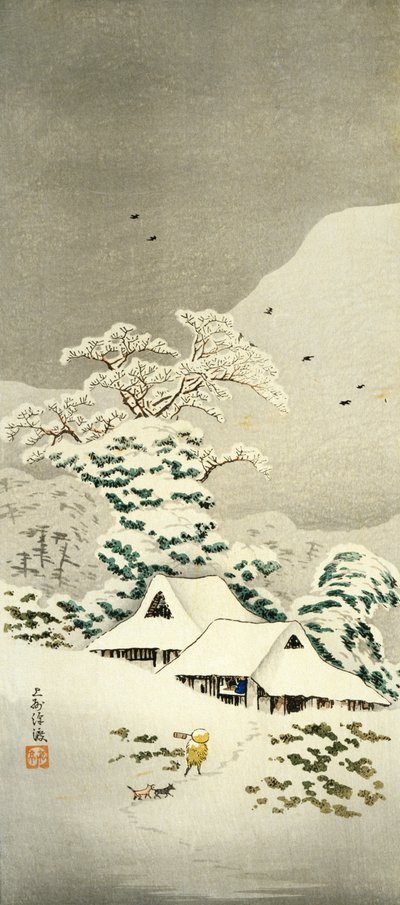 Cena na neve em Sawatari no distrito de Joshu, por volta de 1930, por Takahashi Shotei (1871-1945), xilogravura em forma de o-tanzaku, 38,1 x 17,1 cm, civilização japonesa, período Meiji-Showa de Takahashi Shotei