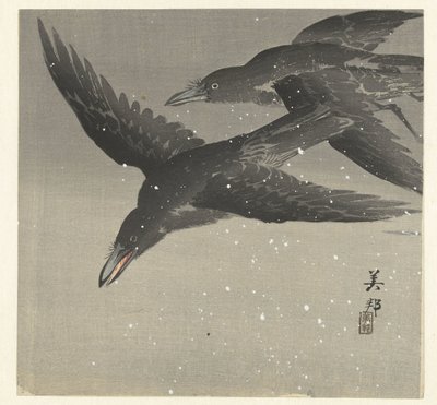 Corvos na neve de Takahashi Biho