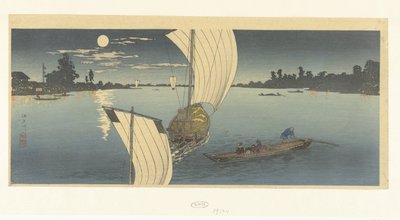 Cena noturna no rio Edo Edogawa (título no objeto) de Takahashi Hiroaki