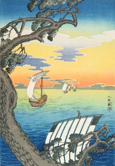 Barcos de retorno, c.1930s (impressão de woodblock de cor) de Takahashi Hiroaki