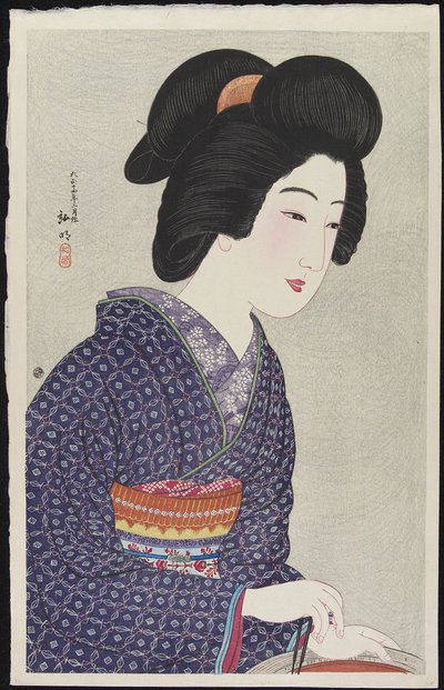 Mulher sentada por um braseiro, fevereiro de 1925 de Takahashi Hiroaki