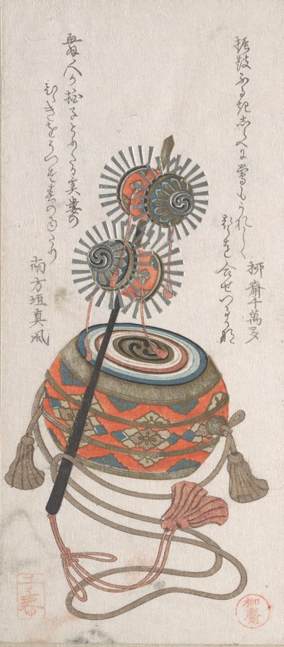 Tambor e Keiro, uma espécie de instrumento musical usado para a dança Bugaku, século XIX. de Takashima Chiharu