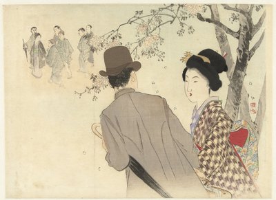 Homem com chapéu de coco e guarda-chuva e senhora em quimono de Takeuchi Keishū