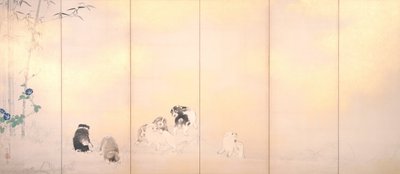 Tela de glicínias e ipomeias com cães de Takeuchi Seiho