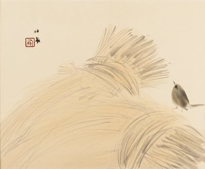 Woodblock print - Wren on corn stook, final do século XIX - início do século XX de Takeuchi Seiko
