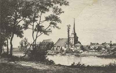 Cidade com uma igreja do outro lado do rio, século XIX. de Tancrède Abraham
