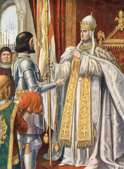 Alberico da Barbiano recebe do Papa Urbano VI uma bandeira com a inscrição "Itália libertada dos bárbaros de Tancredi Scarpelli