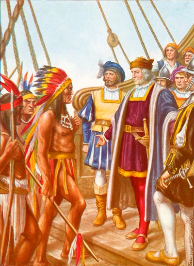 Colombo recebendo a bordo do Santa Maria Cacicco Guacanagari, chefe dos indígenas de Tancredi Scarpelli