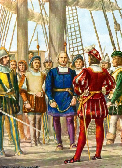 Cristóvão Colombo e seus irmãos Bartolomeo e Diego são feitos prisioneiros em um navio que os levará para a Espanha de Tancredi Scarpelli