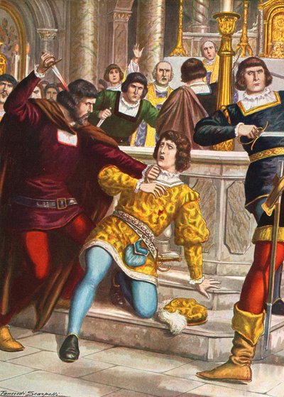 Morte de Giuliano de &39;Medici no Duomo, Florença em 1478. A Conspiração Pazzi de Tancredi Scarpelli