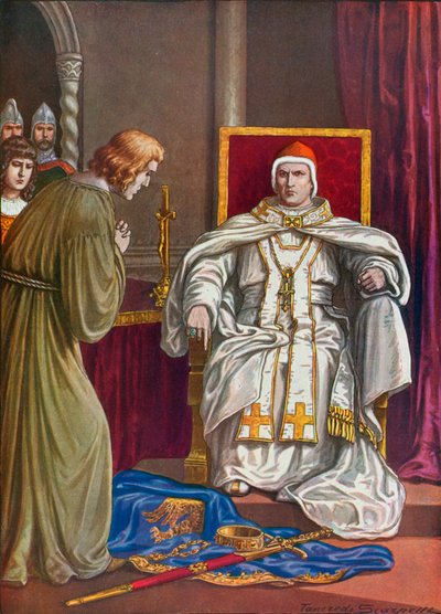 Sacro Imperador Romano Henrique IV fazendo penitência para reverter sua excomunhão pelo papa Gregório VII de Tancredi Scarpelli
