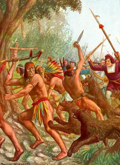 Índios sendo perseguidos por cães usados pelos espanhóis em batalha de Tancredi Scarpelli