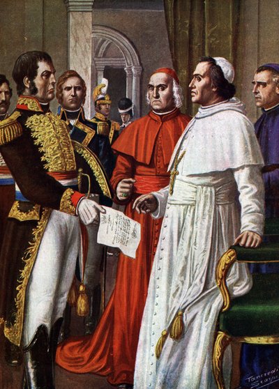 O Papa Pio VII, prisioneiro no castelo de Fontainebleau, consentiu em assinar, em 25/01/1813, a Concordata de Fontainebleau (1813), pela qual abdicou de sua soberania temporal, parte de sua autoridade espiritual (Papa Pio VII confinado na França no Castelo de Tancredi Scarpelli