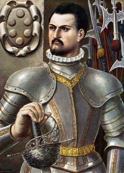 Retrato de Jean de Medicis conhecido como Jean des Bands Noires (Giovanni dalle Bande Nere) (1498-1526) Ilustração do condomínio italiano de Tancredi Scarpelli (1866-1937) de "Storia d