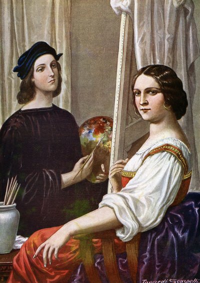 Retrato do pintor Rafael (Raffaello Sanzio 1483 - 1520) pintando a Fornarina (pintor italiano Rafael e a jovem chamada Fornarina) Ilustração de Tancredi Scarpelli (1866-1937) de “Storia d