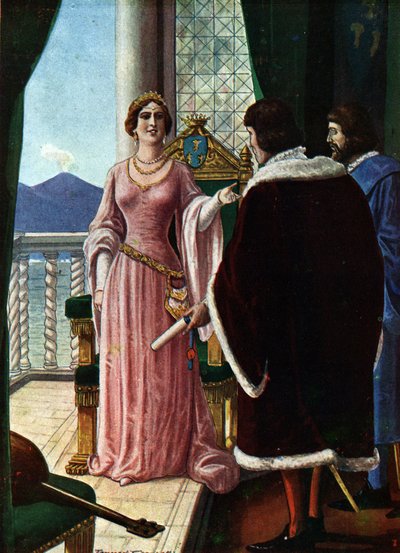 A Rainha Joana II de Nápoles (Giovanna di Napoli ou Anjou Durazzo) (1373-1435) designa o seu filho adoptivo Luís III de Anjou (1403-1434) (a Rainha Joana II de Nápoles escolhe Luís III como rei de Nápoles) Ilustração de Tancredi Scarpelli (1866-1937) de "S de Tancredi Scarpelli