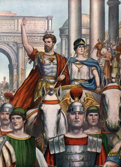 Antiguidade Romana: O imperador Septímio Severo (145-211) regressa a Roma com a sua esposa Júlia Domna (170-217) em 193 d.C." (Imperador Romano Septímio Severo e a sua esposa Júlia Domna entrando em Roma de Tancredi Scarpelli