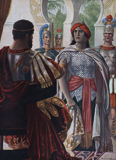 Antiguidade Romana: O Imperador de Palmyra Septimia Bathzabbai Zenobie capturado pelo Imperador Romano Aurelien, 272" (A rainha do império Palmyrene Zenobia prisioneiro do Imperador Romano Aurelian, 272 d.C.) Ilustração de Tancredi Scarpelli (1866-1937) ti de Tancredi Scarpelli
