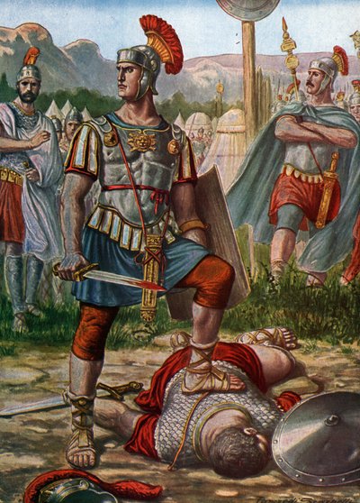 Antiquito romano: representação do Cônsul Tito Manlius Imperiosus Torquatus derrotando um gálico em 361 a.C. - (Tito Manlius Torquatus lutando contra um guerreiro galego que desafiou o exército romano e o matou, 361 a.C.) Ilustração de Tancredi Scarpelli ( de Tancredi Scarpelli
