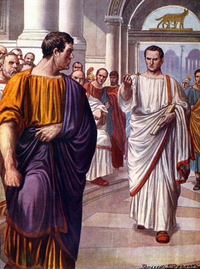 O estadista romano Ciceron (Marcus Tullius Cicero) (106-43 AC) cruza o conspirador Catilina (Lucius Sergius Catilina) (108-62 AC), que ele denuncia em 63 AC durante os discursos dos catilinaries. Ilustração de Tancredi Scarpelli (1866-1937) de Tancredi Scarpelli