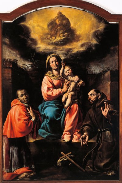 Itália, Varallo, pintura de Nossa Senhora e Criança com São Francisco e São Carlos de Tanzio da Varallo