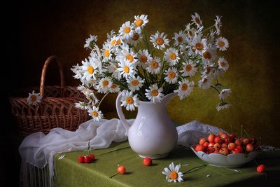 Margaridas frescas e cerejas de Tatyana Skorokhod