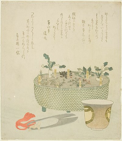 As sete ervas (Nanakusa), com tesoura e chávena de chá de Teisai Hokuba